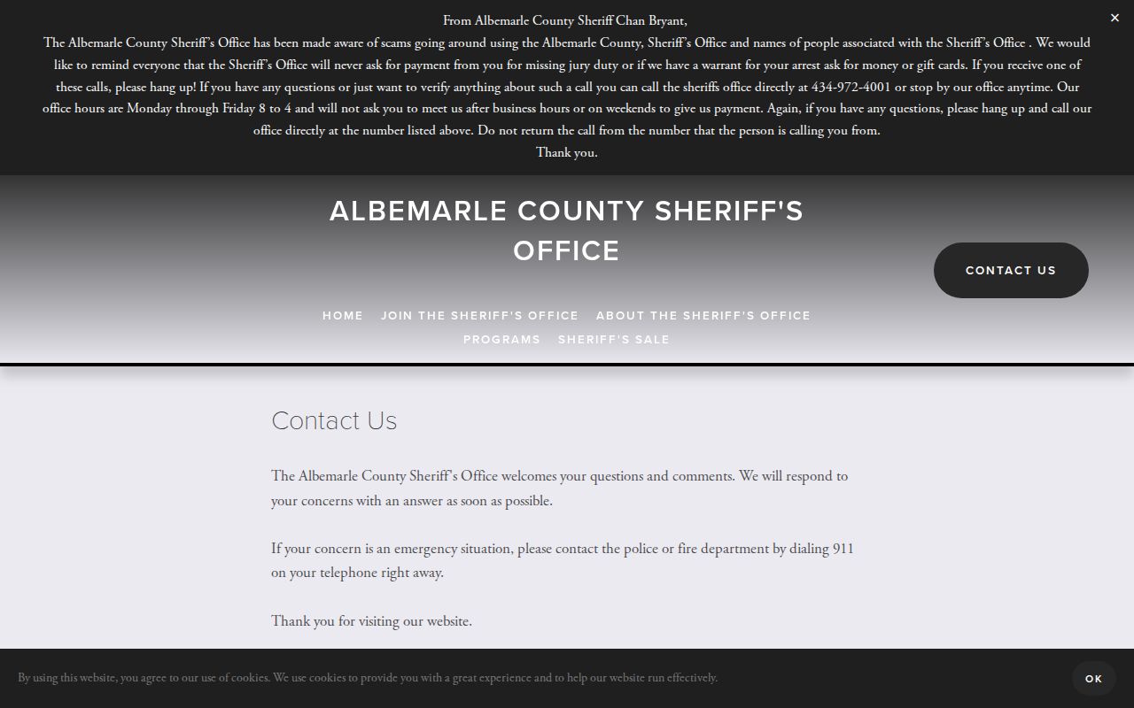 Albemarle County Sheriff's Office contact page for warrant service questions