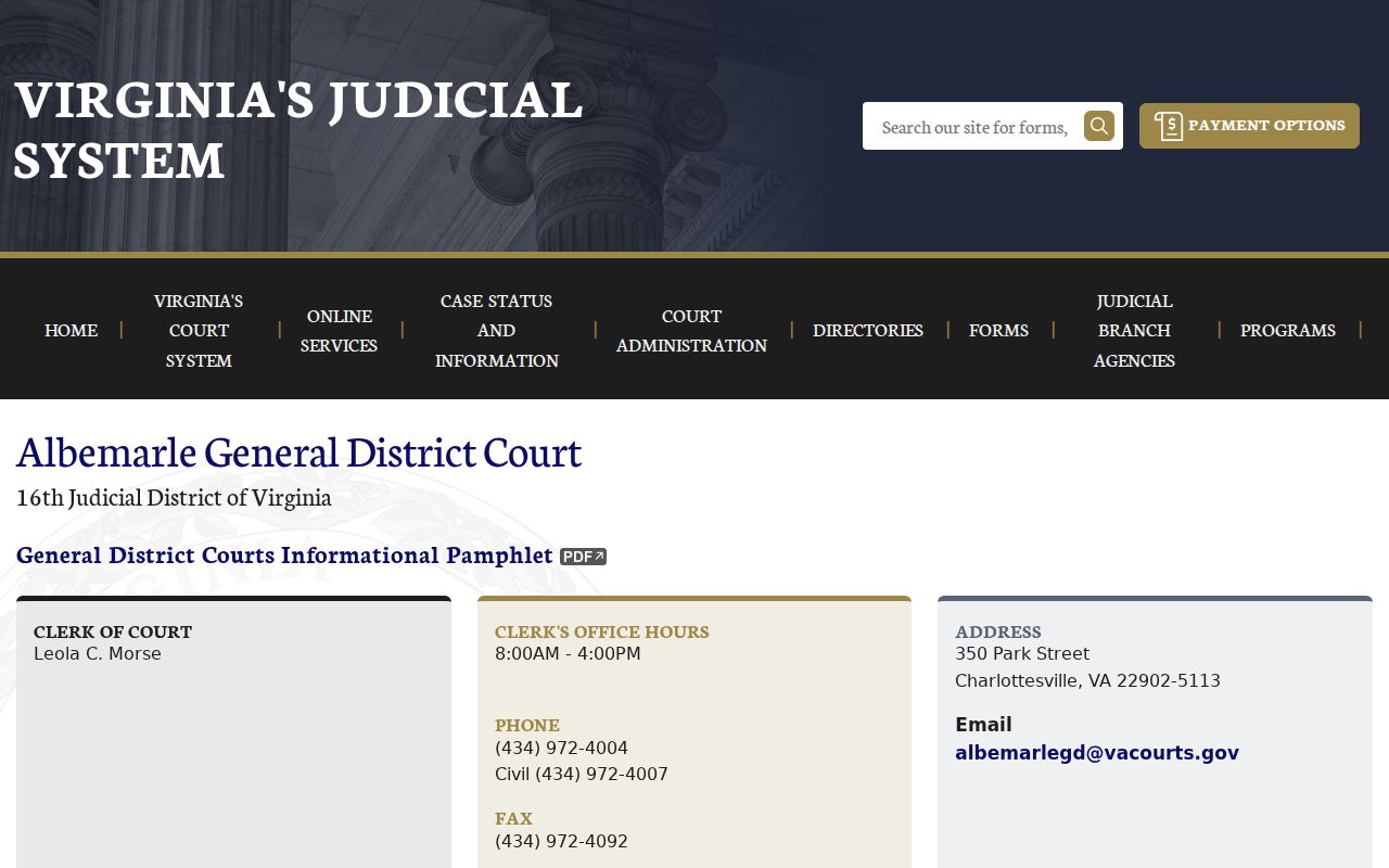 Albemarle General District Court information page for local warrant records