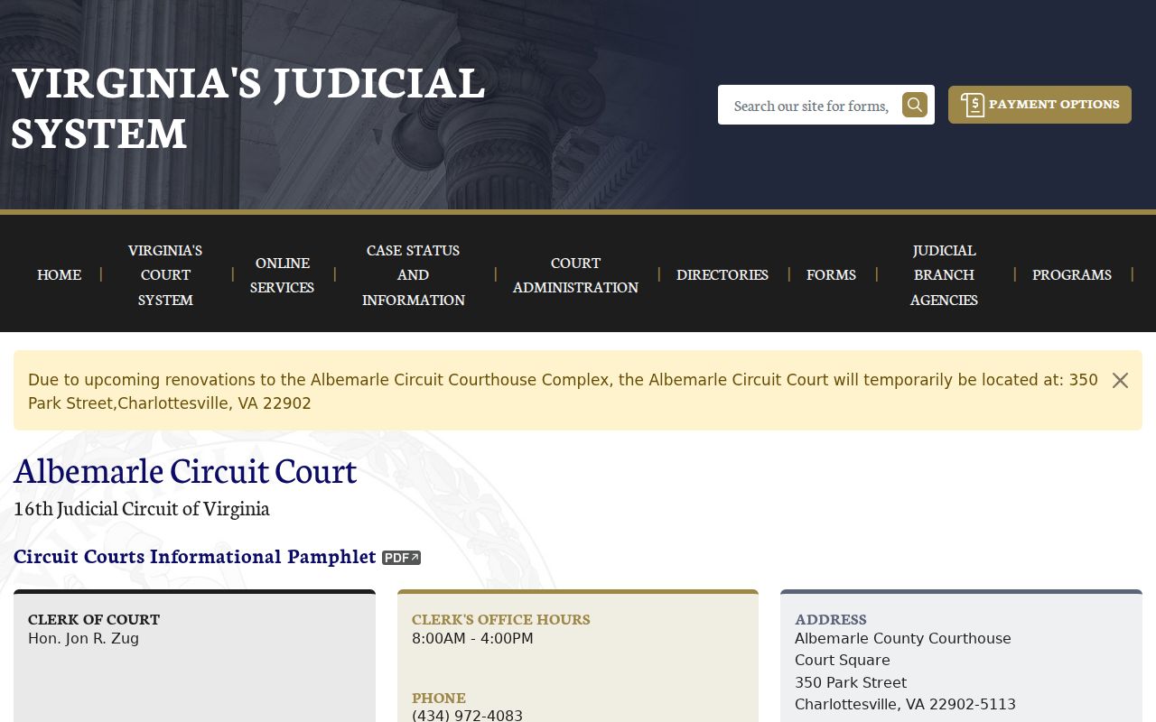 Albemarle County Circuit Court contact page for felony warrant records