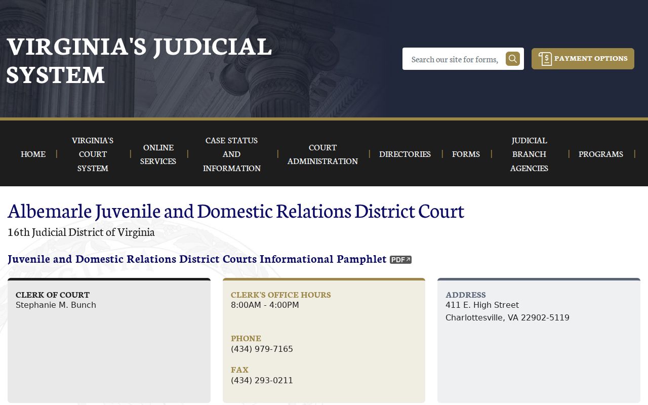 Albemarle County J and DR clerk page for family and juvenile warrant matters