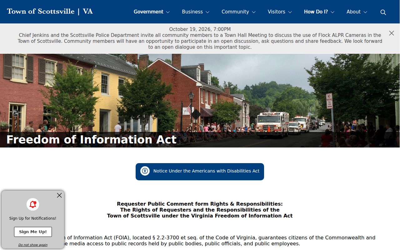 Scottsville FOIA page for public warrant-record requests