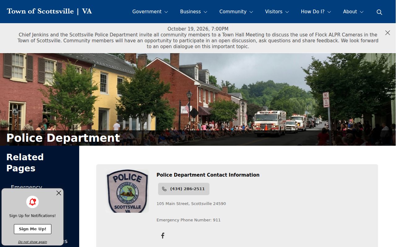 Scottsville Police Department page for Scottsville warrant records