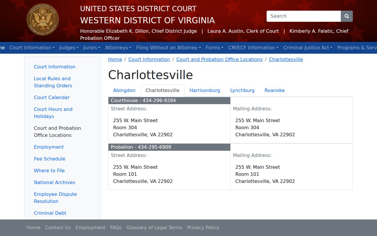 Charlottesville federal courthouse contact information for federal warrant verification