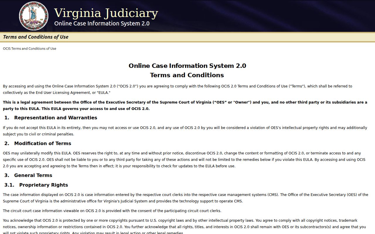 Virginia OCIS interface used to begin an Albemarle County warrant case search